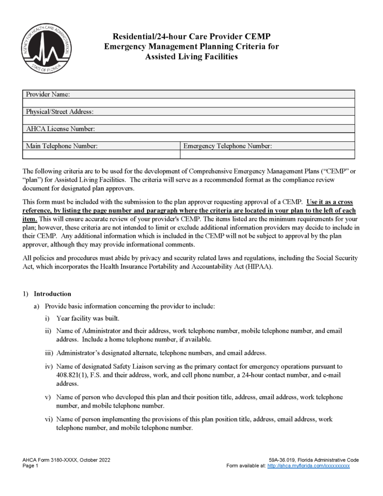 Comprehensive Emergency Management Plans for ALFs: Proposed Changes ...